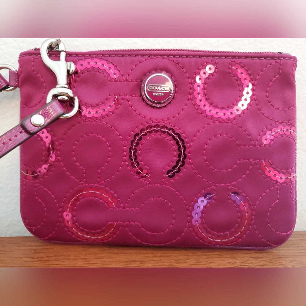 Coach Raspberry Pink Sequin Logo Satin Wristlet - Picture 1 of 9
